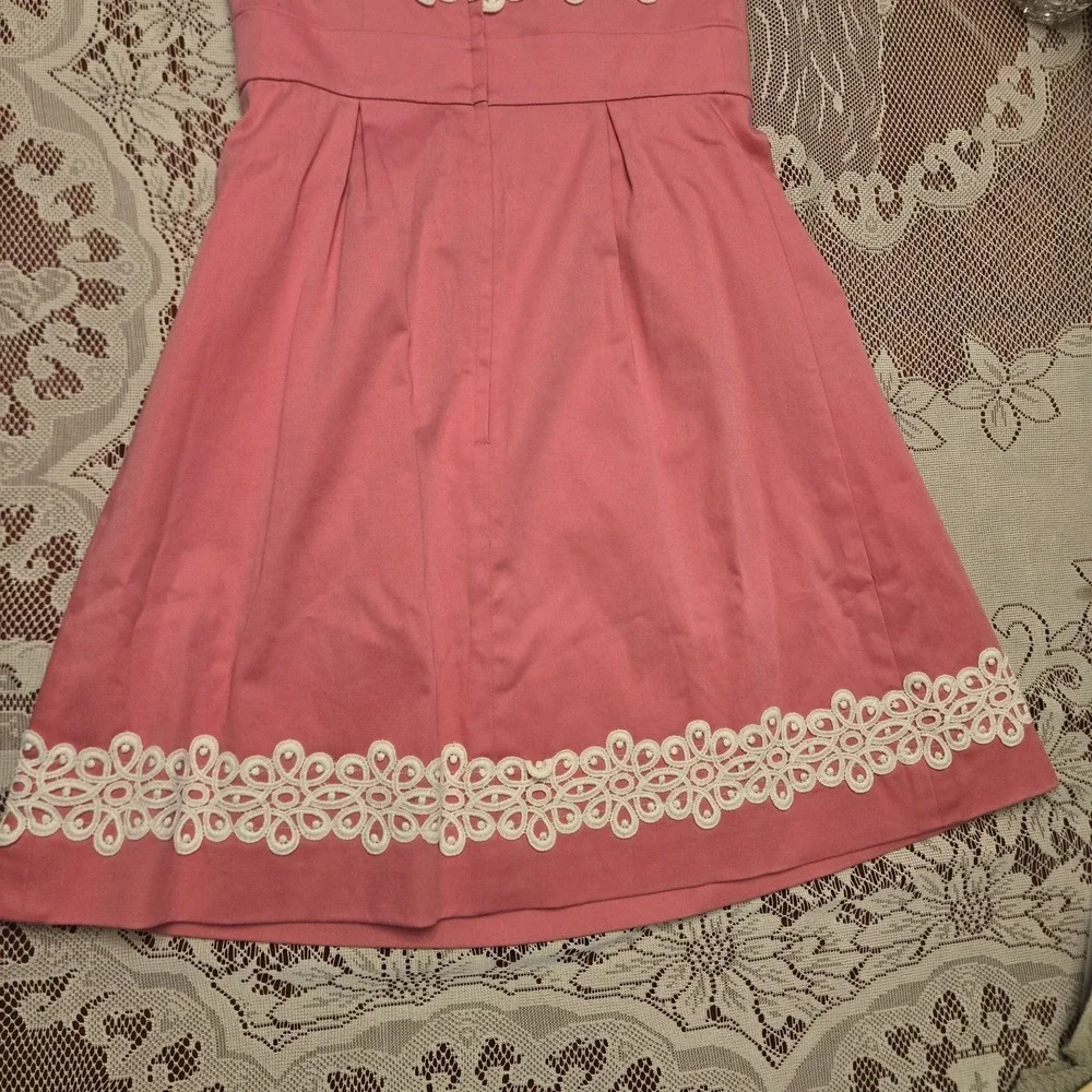 EUC Lilly Pulitzer Sz 0 Pink Betsey Dress Strapless White Lace Embroidery Pleat‎ - Picture 9 of 16
